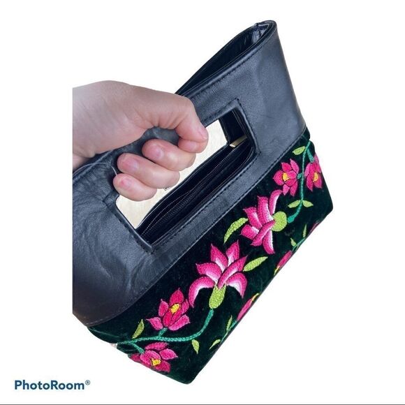 Embroidered Suede And Leather Hand Bag - Picture 2 of 9